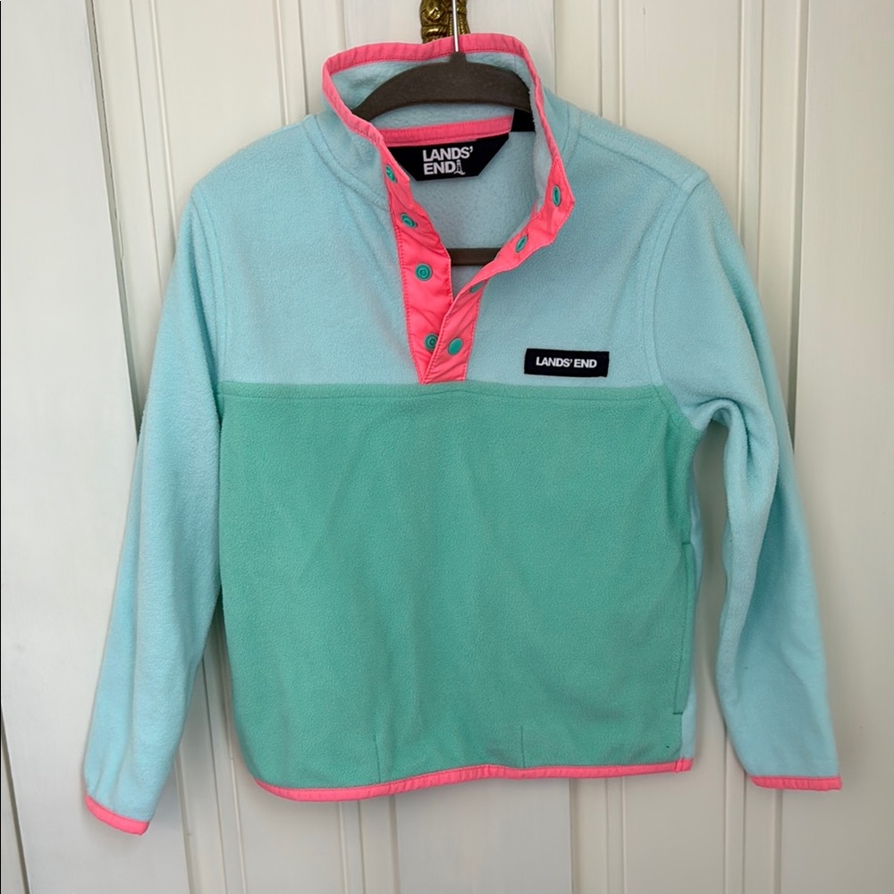Lands' End Green and Pink Fleece Hoodie Quarter-Zip